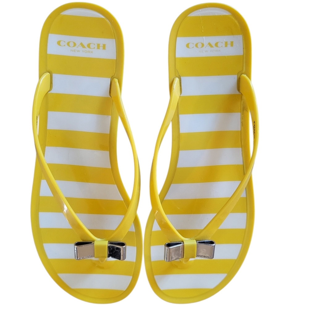 Coach Landon Yellow and White Striped Jelly Flip Flops - Size 9